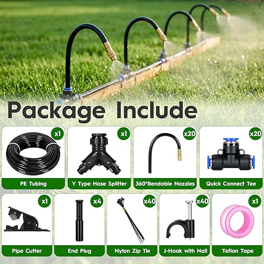 100Ft 360° Adjustable Drip Irrigation System Kit 1/4 Inch PE Tubing with 20 Bendable Nozzles Automatic Garden Watering System for Greenhouse Lawn Raised Bed Flower Bed