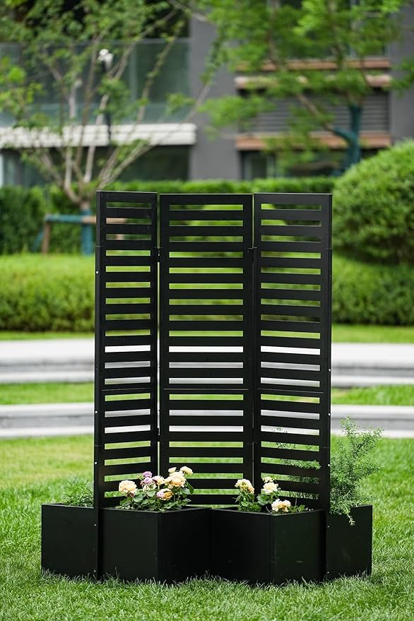 Privacy Screen with Planter Box 3-Panel Outdoor Privacy Planters Freestanding Room Divider with Self-Draining Raised Garden Beds &amp Trellis Metal Garden Fence Panel for Patio Deck Yard