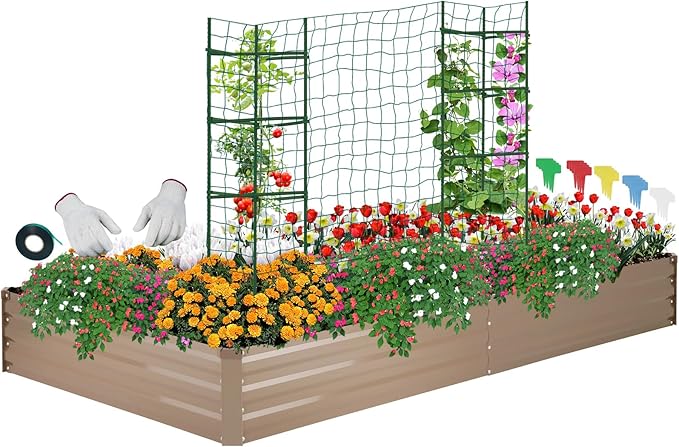 ONCEMORE Galvanized Raised Garden Bed for Vegetables Flowers Herbs Metal Raised Garden Bed Kit with 2 PCS Tomato Cage Gloves Trellis Netting Plant Labels Plant Ties Brown 6×3×1FT