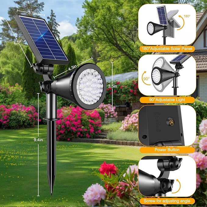 Solar Lights Outdoor Waterproof 36 LEDs Adjustable Solar Spot Lights Outdoor 2-in-1 Solar Powered Spotlight Landscape Lighting for Tree Garden Yard Pathway- 3 Pack (Cool White)
