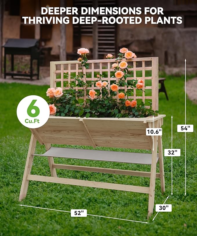 2-in-1 Wooden Raised Garden Bed with Trellis - Outdoor Planter Box for Climbing Plants Vegetables and Flowers