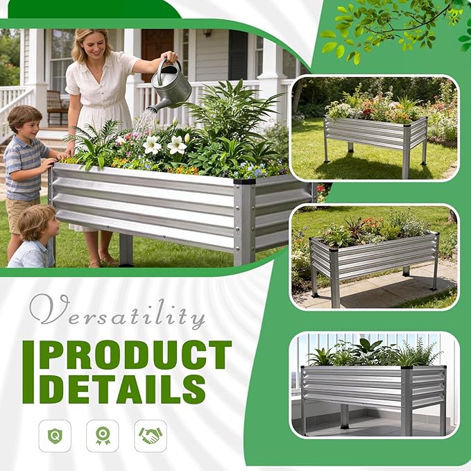 Large Galvanized Raised Garden Bed Outdoor with Legs Load Capacity 1200LB 48x26x30in Metal Elevated Raised Planter Box for Backyard/Patio/Balcony/Gardening/Vegetables Flowers Sliver