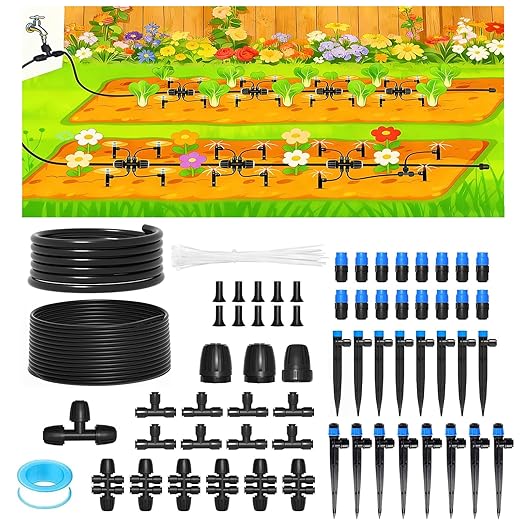 230FT Drip Irrigation SystemAutomatic Garden Watering System with 1/4 &amp 1/2 Tubing Adjustable Spray Nozzles &amp Sprinklers and Accessories for Garden Greenhouse Lawn Potted Plants