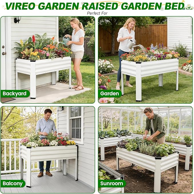 Galvanized Raised Garden Bed with Legs 2 Pack 48x24x32in Elevated Raised Garden Bed Outdoor with Drainage Holes Planter Boxes for Gardening Vegetable Flower Fruit in Backyard Patio Balcony (White)