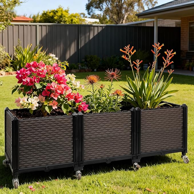 Raised Plant Box with Wheels 47.2x15.7x16.1 Raised Beds for Gardening Self Watering Durable Metal Lockable Casters Rectangular Garden Planter Perfect for Garden Patio Balcony Deck
