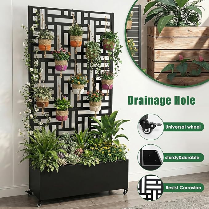 Metal Planter Box with Trellis and Wheels Raised Garden Bed with Privacy Screen Outdoor Standing Flower Beds for Climbing Plants Vine 70.87x35.43x15.75 Inch (02)