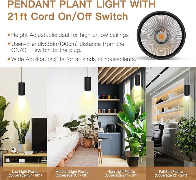 STERREN Plant Grow LightLed Pendant Light for Indoor PlantsFull Spectrum Hanging Grow Lights with 21 FT Height Adjustable Power Cord ON/Off Switch Black Plant Lights for Indoor Plant Growing