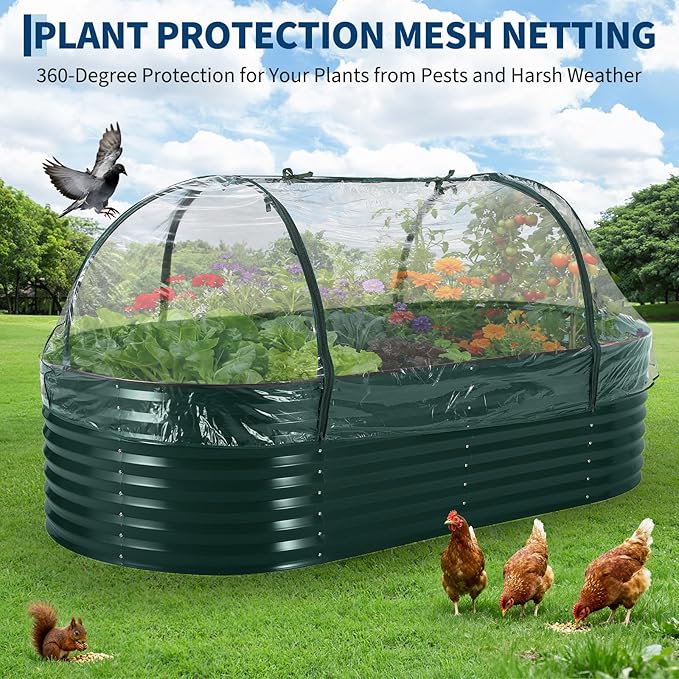 Galvanized Raised Garden Bed Steel Planter Boxes with Cover Zippered Screen Doors Open Base for Vegetables Flowers Easy Assembly