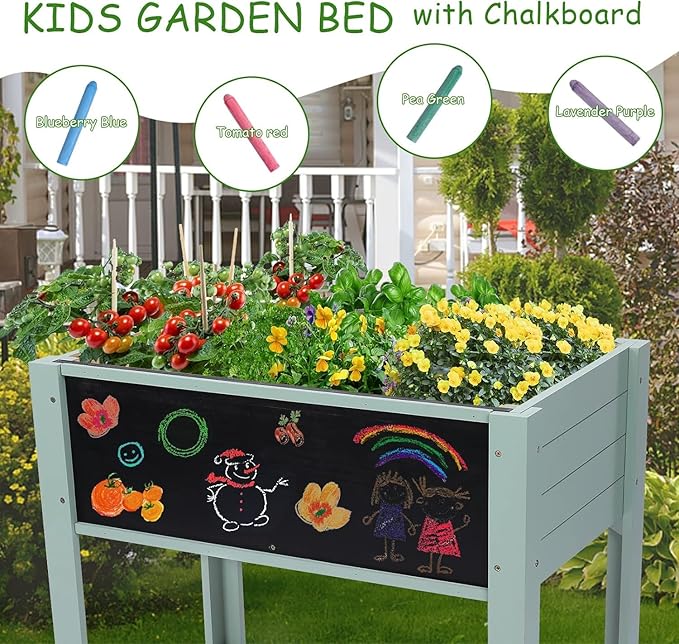 Wood Raised Herb Vegetable Flower Raised Garden Planter Box with LegsChalk Board Back and Planter Grow Bag Insert Kids or Adult