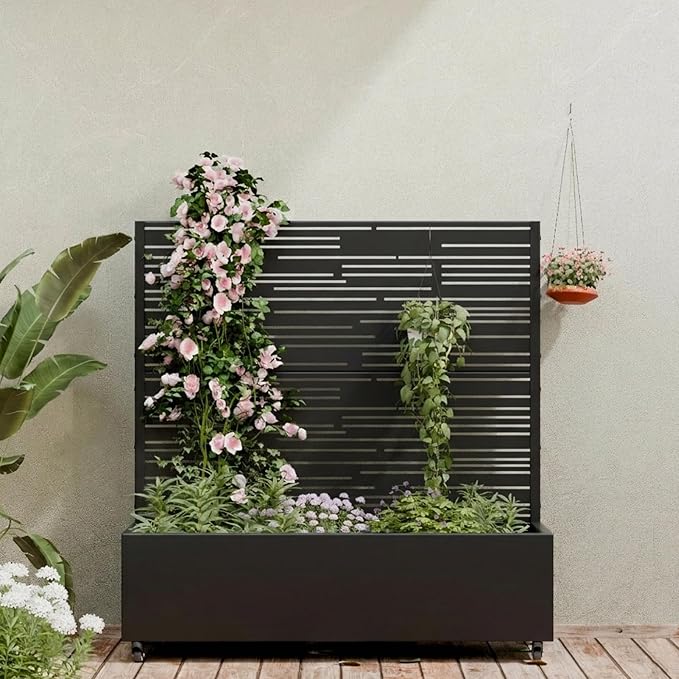 Casaphoria Metal Raised Garden Bed with Trellis and Wheels 47x47x16 Planter Box for Climbing Plants Vegetables &amp Vines Features Drainage Holes and Privacy Screen (Black-Shine)