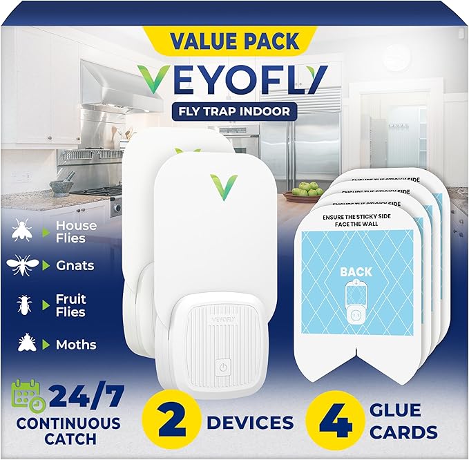 VEYOFLY Fly Trap Indoor Fruit Fly Traps for Indoors Flying Insect (2 Device + 4 Refills) Gnat Traps for House Indoor Bug Zapper Indoor Gnat Killer Catcher &amp Fruit Fly Killer Light Plug in