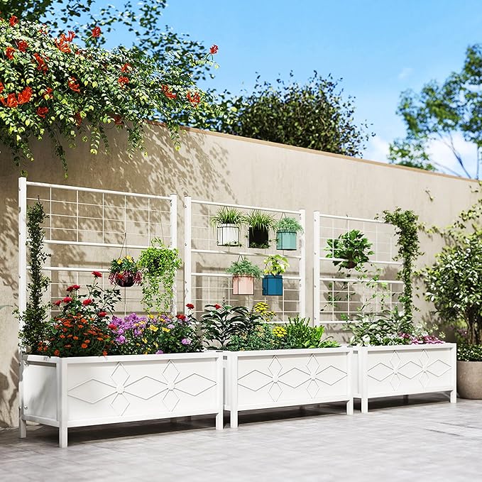 Outsunny Planter Box with Trellis 35.4 x 15.7 x 47.2 inch Raised Garden Bed with Drainage Holes Planters for Outdoor Plants Vegetables Flowers Herbs Trellis Planter White