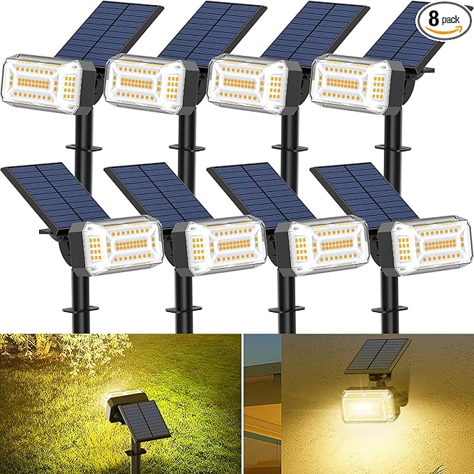 102 LED Solar Spot Lights Outdoor Waterproof IP65 Adjustable Landscape Spotlights [8 Pack/4 Modes] Auto On/Off Solar Powered Flood Lights for Outside Yard Garden Wall Pathway (Warm White)