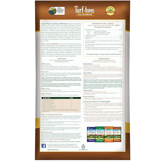 Turf-Tone Fall Winterizer 8-0-5 Natural &amp Organic Lawn Food. Long Lasting Organic Nitrogen &amp Potassium for a Winter Strong Lawn. 30 lb. Bag Covers up to 5000 Sq. Ft.