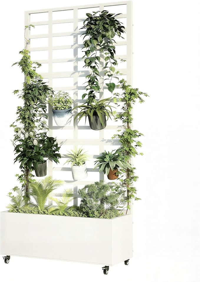 Metal Planter Box with Trellis for Climbing Plants 74.8x35.83x15.16 Raised Garden Bed with Privacy Screen Outdoor Planter with Drainage Holes White