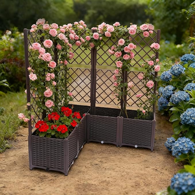 Garden Planter with Trellis Polypropylene Planter Boxes with 5 Compartments Garden Box with Privacy Screen for Outdoor Spaces Terraces Balconies-47.24 * 47.24 * 55.91in (Brown)