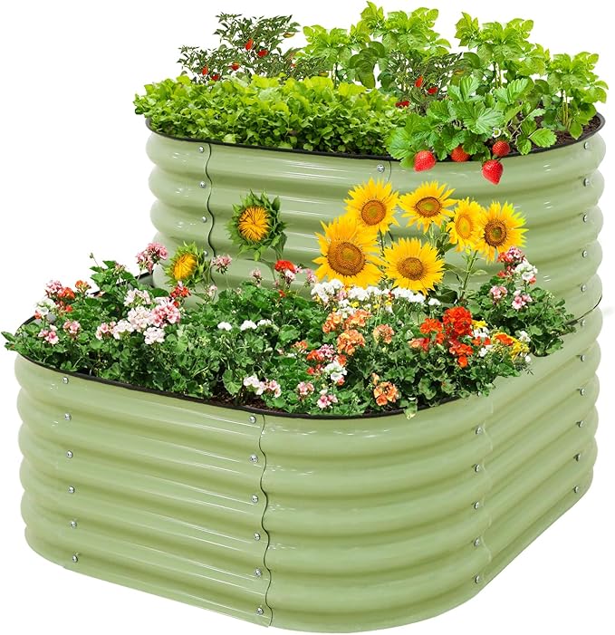 EAGLE PEAK 2-Tier Galvanized Raised Garden Bed Planters Planter Boxes Outdoorfor Vegetables Flowers and Herbs Assembly Modular - 33in Overall Height 41'' L x 43'' W Olive Green