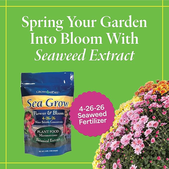 Grow More Sea Grow Flower &amp Bloom (4-26-26) - 3lbs of Seaweed Fertilizer for Plants - Water Soluble Fertilizer for Vegetables &amp Fruits - High Phosphorus Flower Food w/Seaweed Extract for Plant