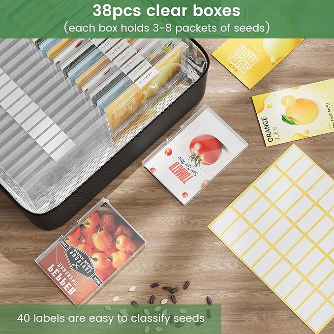 38 Slots Seed Storage Organizer Box with Insulated Bag That Holds 80-200 Seed Envelopes Oxford Cloth Garden Seed Containers with Labels Seed Packet Organizer for Plant Flower Vegetable Seeds