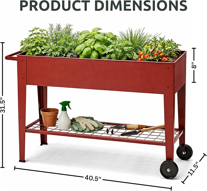 InSideOut Elevated 40 Raised Garden Bed Outdoor with Wheels &amp Shelf for Mobility Metal Planter Box for Vegetables/Herbs Patio-Balcony-Backyard (Red)