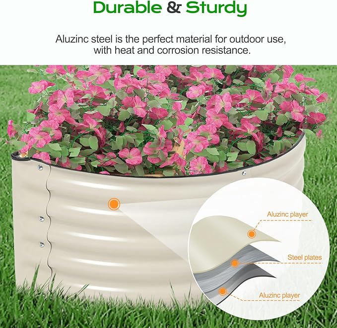 Aoodor 42 L x 24 W x 17 H Half Moon Galvanized Raised Garden Bed Durable Semi-Circular Outdoor Planter Boxes for Vegetables Flowers and Herbs Set of 2 Beige