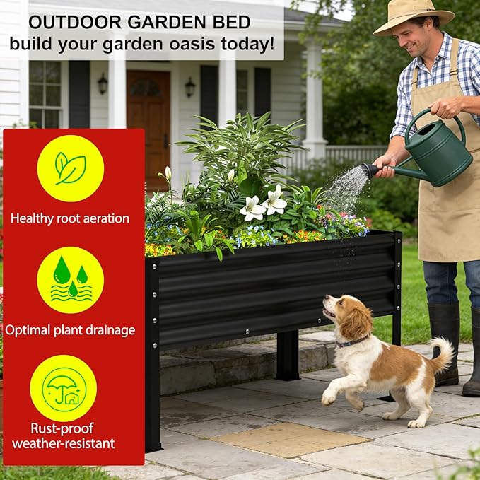 Large Galvanized Raised Garden Bed Outdoor with Legs Load Capacity 1200LB 48x26x30in Metal Elevated Raised Planter Box for Backyard/Patio/Balcony/Gardening/Vegetables Flowers Black