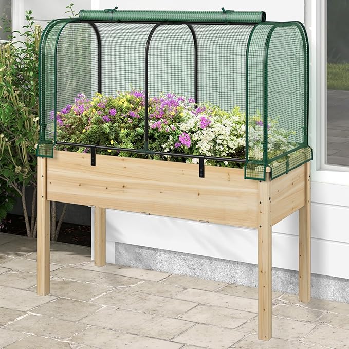 Happygrill Raised Garden Bed with Greenhouse Cover Raised Bed with Legs &amp Drainage Holes for Herbs Vegetables Outdoor Wood Elevated Planter Box for Patio Backyard Balcony (Green+Natural)