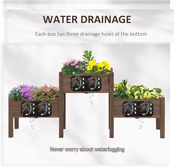 Outsunny Raised Garden Bed with 3 Planter Box Elevated Wooden Plant Stand with Drainage Holes for Vegetables Herb and Flowers Coffee