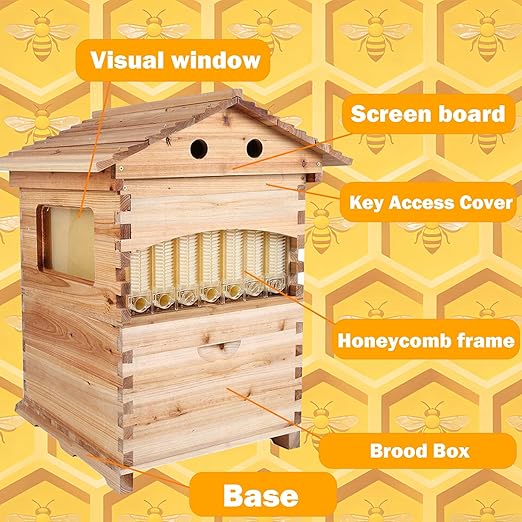 Continuous Flow Honeycomb Kit with Observation Window and Honey Extraction Port Integrated Honey Collection System Beehive-Style Box with 7 Honeycomb Cells Suitable for Beginners and Experts