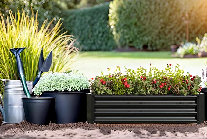 2 Pieces 4×2×1ft Raised Garden Planter Beds Outdoor Metal Planters Metal Flower Pool for Vegetables Herb Flowers Plants (Black)