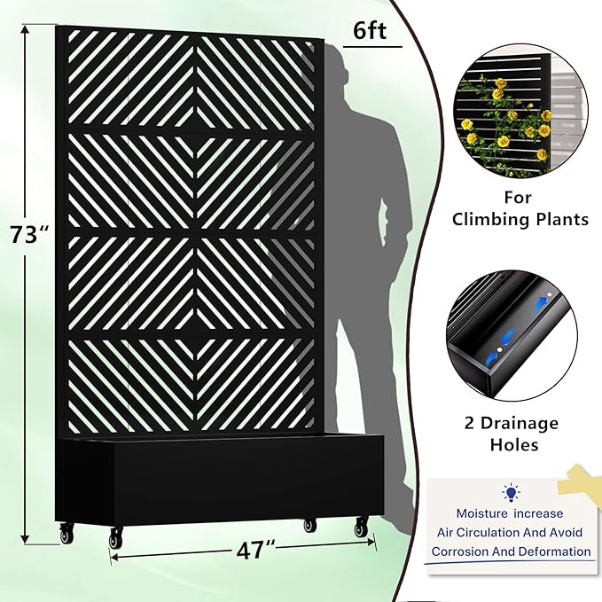 Metal Planter Box with Trellis72x47x16Galvanized Steel Outdoor Raised Garden Bed with Privacy Screenwith Drainage Holes &amp Lockable Casters for Climbing PlantsVegetablesand Vines(-JT)