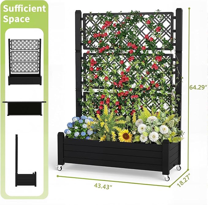 EasyUp Rolling Garden Planter Box with Trellis &amp Lockable Casters Outdoor Raised Bed with Drainage &amp Water Gauge Durable Resin for Patio Balcony Yard Dust-Proof (Black 43.43 * 18.27 * 64