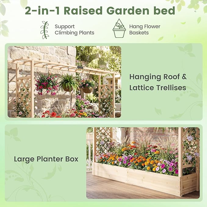 BECOMFORT Raised Garden Bed with Trellis &amp Hanging Roof 45 Tall Fir Wood Planter Box with Drainage Holes Outdoor Elevated Garden Planter for Climbing Vines Perfect for Patio Lawn &amp Backya
