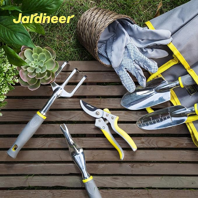 Jardineer Garden Tools Set 8PCS Heavy Duty Garden Tool Kit with Outdoor Hand Tools Garden Gloves and Storage Tote Bag Gardening Tools Gifts for Women and Men