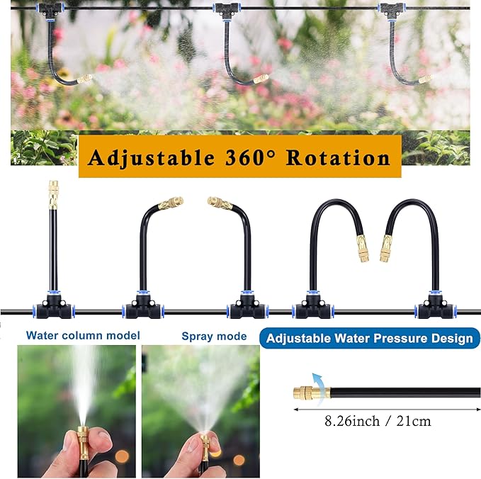 Mornajina Automatic Drip Irrigation Kits Garden Irrigation System Includes Calcium Inhibitor Filter &amp 66FT 5/16 inch Irrigation Tubing Hose &amp 20Pcs 360° Bending Dropper Atomizing Mist Nozzles