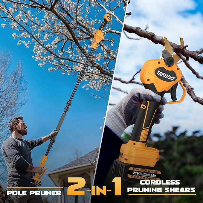 2-in-1 Pole Pruning Shears Cordless 1.6 Cutting Diameter Electric Pruning Shears with Extension Pole 21V 2×4.0Ah Battery Powered Pruner 13.7FT Reach Power Pole Pruner for Tree Trimming