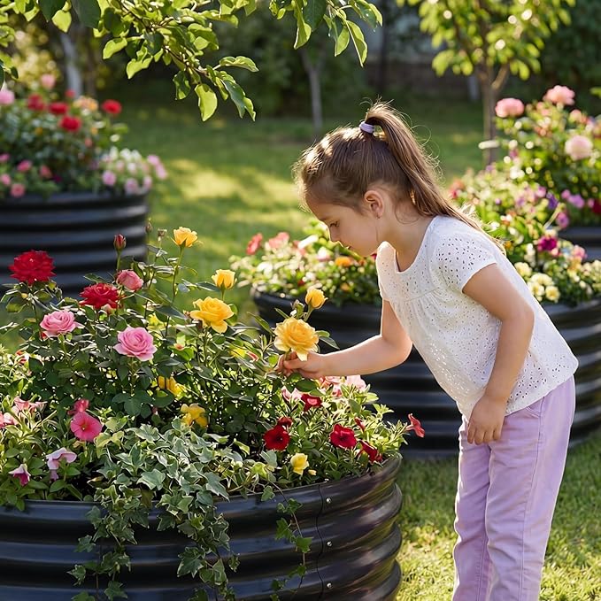 AHEONLAR 3 Pack 2x2x1 ft Round Galvanized Raised Garden Bed Kit Round Metal Flower Box Large Planter Raised Beds Outdoor Garden for PlantingFruitHerb Black