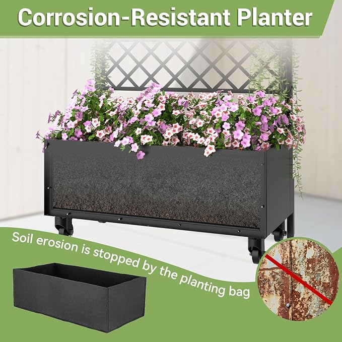 Metal Planter Box with Trellis Privacy Screen 67x35x16 Raised Garden Bed with Trellis Privacy Planter Boxes with Planting Bag &amp Lockable Casters for Climbing PlantsVegetablesand Vines