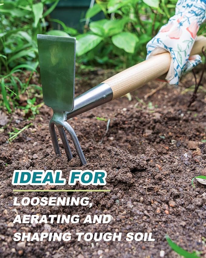 Hoe and Cultivator Garden Rake Hand Tiller Tool Wood Handle Double Sided Cultivator Versatile Tool for DiggingLoosening SoilWeedingBreaking Up SoilCultivatingPreparing Seedbeds Combination Garden