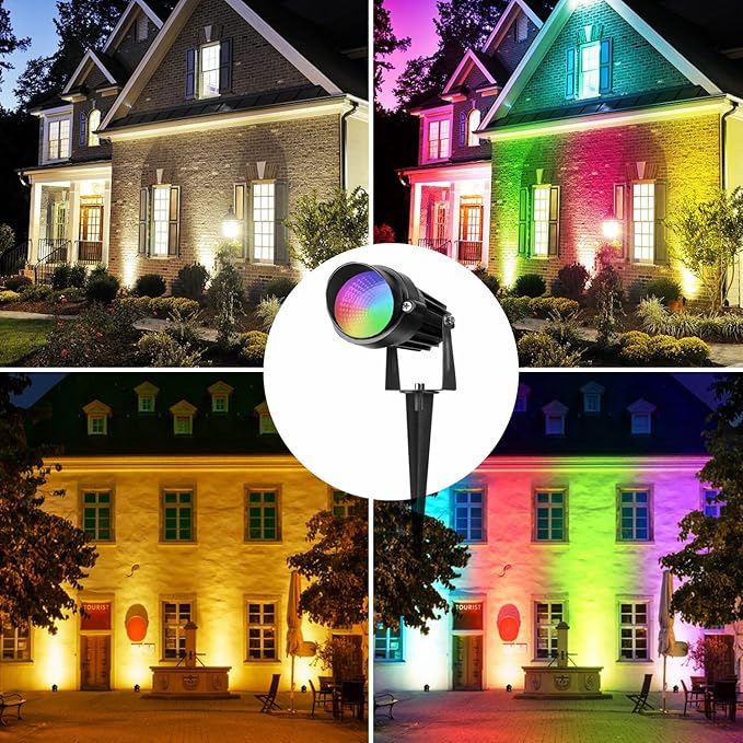 Christmas RGB Spot Lights Outdoor Spotlights with Timer 12W Metal Case IP65 Waterproof Color Changing Landscape Lights with Spike Stand for Garden Lawn House Tree (4 Lights)
