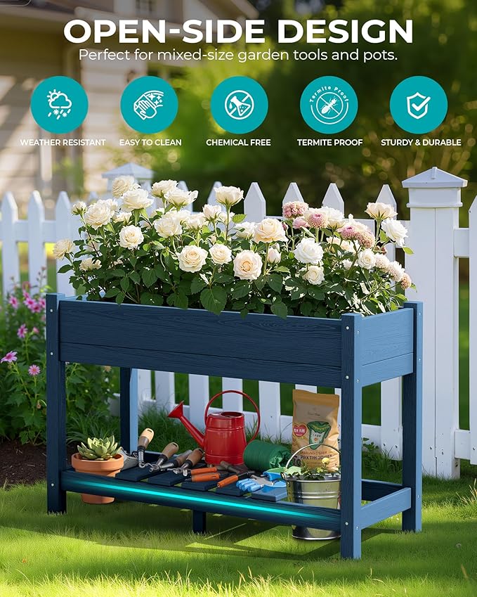 SERWALL Raised Garden Bed with Legs Set of 2 43×17×30 Large HDPE Elevated Planter Box for Vegetables Flower Herb Patio All Weather Use- Blue