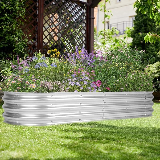 5.9 x 2 x 1 Ft Galvanized Raised Garden Bed Kit Outdoor Oval Planter Box for Vegetables Flowers Herbs Deep Rooted Silver