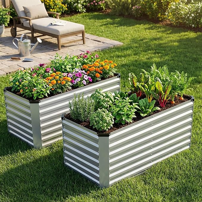 INNO STAGE 4x2x2ft Galvanized Raised Garden Bed Raised Garden Bed Kit-Metal Planter Box Outdoor Planting for Vegetables Fruits Herbs Flowers Silver