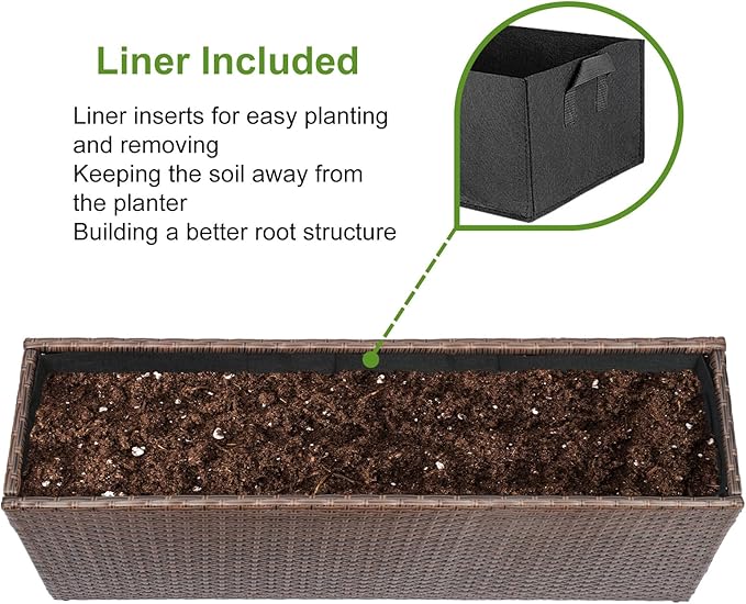 LEWIS&ampWAYNE Large Rectangular Block Planter Box Handmade Wicker Tall Planters for Outdoor Plants with Removable Liners Modern Planter for Indoor Outdoor Patio Deck - Brown 36''x12''x16''