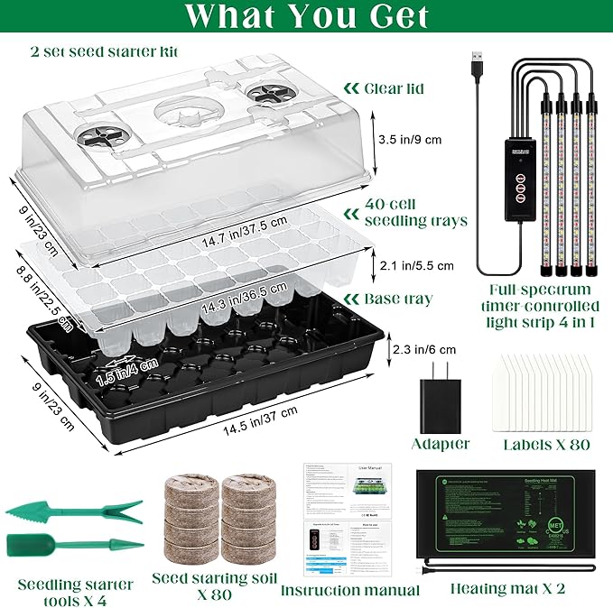 2 Set Seed Starter Kit 40-Cell Seed Starter Tray with Grow Light Full Spectrum Seedling Heat Mat 40 Peat Pellets Seed Starting Soil Plant Label Garden Tool for Germination Seeds Growing Black