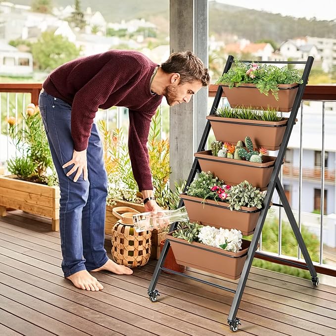 HAPPYGRILL Vertical Raised Garden Bed 5-Layer Freestanding Garden Planter with Drainage Holes Container Boxes Elevated Planter Box for Herb Vegetable Flower Growing (2 Brown)