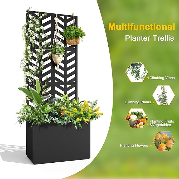 FENCY Metal Planter Box with Trellis Planter Trellis for Climbing Plants Vegetable Vines Trellis with Planter Box &amp Privacy Screen Raised Garden Bed with Drainage Holes (23.6 L x 63 H/Arrow)