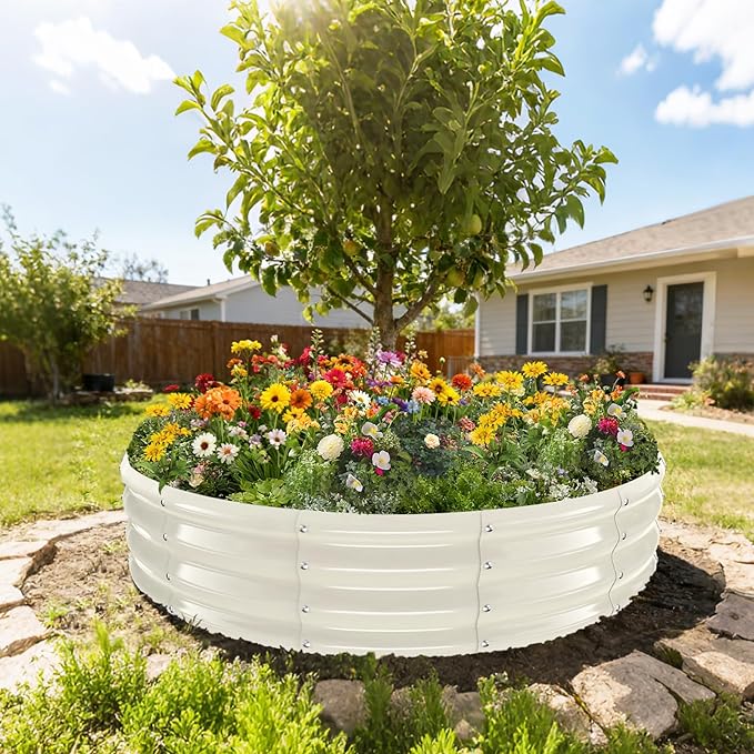 5FT Diameter Galvanized Garden Raised Bed/Plant Box/Fire Pit Ring - 0.8mm Thick12 Inch TallPerfect for Planting a Variety of FlowersHerbsVegetables (Cream White 60 Dia X 12 inches)