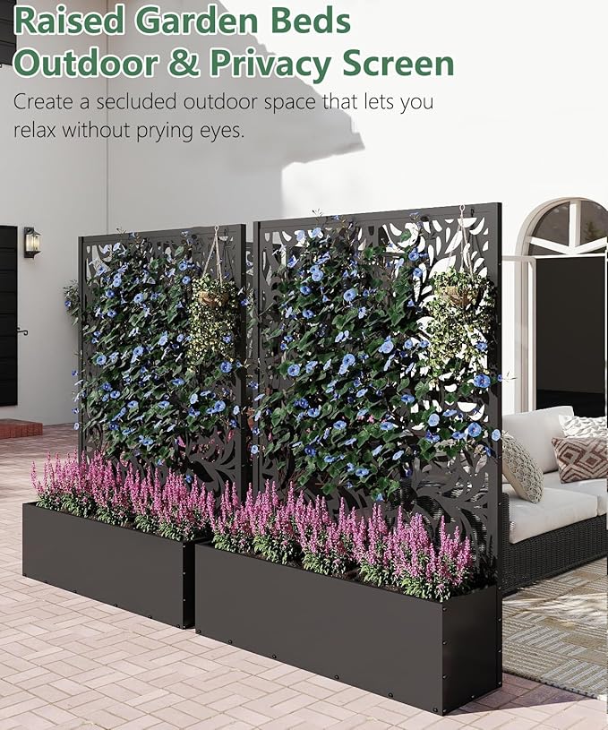 Metal Planter Box with Trellis70.9x47.2x15.7 Raised Garden Bed with Drainage Holes Privacy Planters for Outdoor Garden Bed for Climbing PlantsVegetablesand Vines Black-Flower