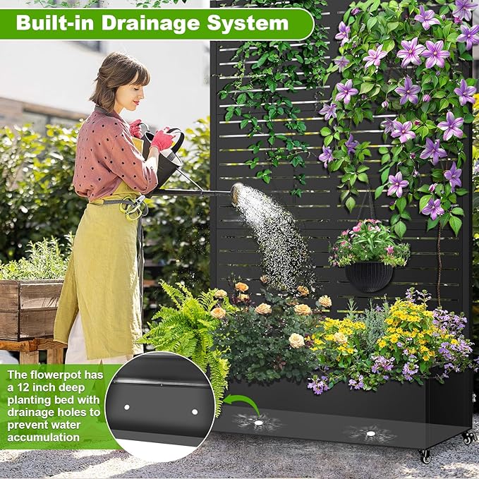 Metal Planter Box with Trellis 72x47x16 Metal Raised Garden Bed with Trellis Trellis Planter Box with Drainage Holes &amp Lockable Casters for Climbing Plants Vegetables and Vines